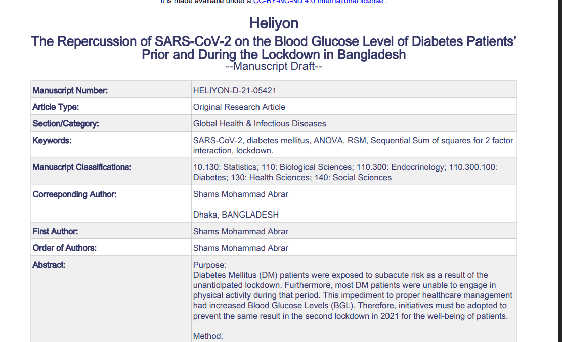 The Repercussion of SARS-CoV-2 on the Blood Glucose Level of Diabetes Patients' Prior and During the Lockdown in Bangladesh